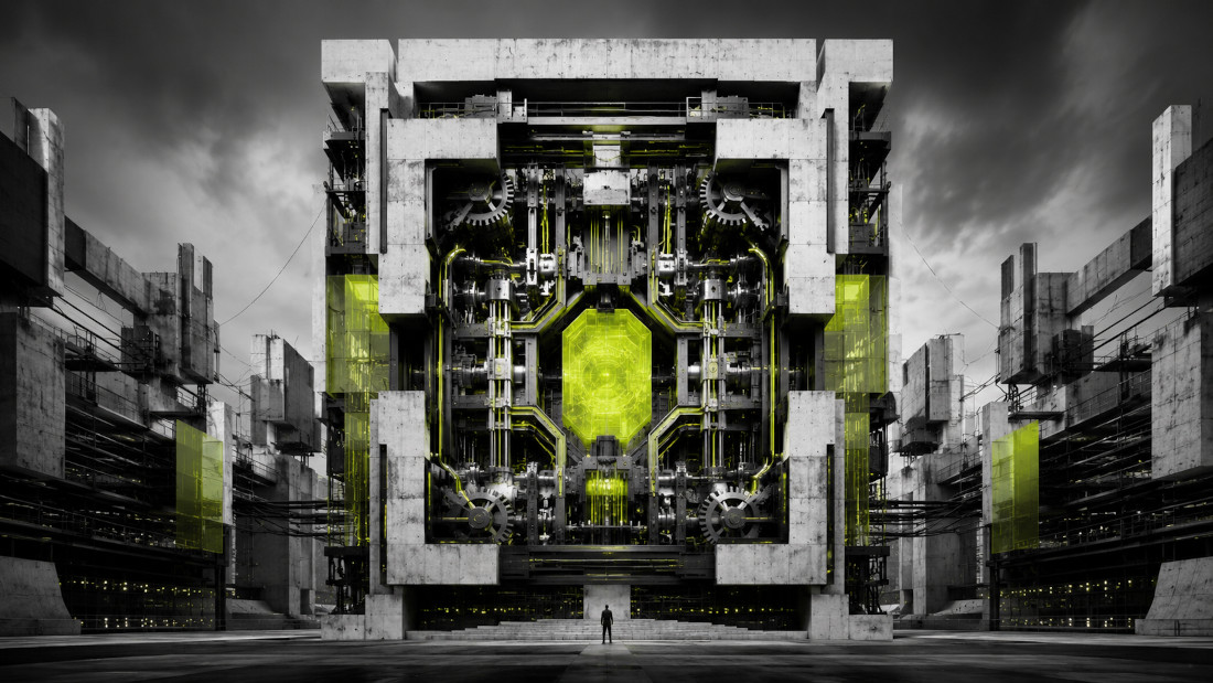 abstract man and imponent machine